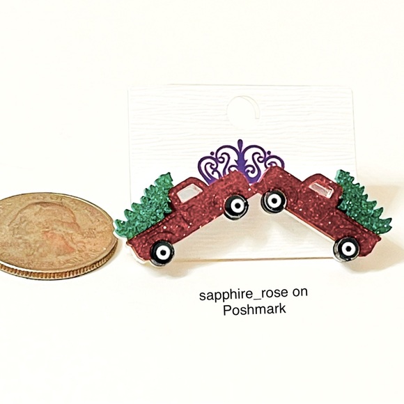 Vintage Red Pick Up Truck w/ Christmas Tree Holiday Womens Earrings Jewelry Gift - Picture 2 of 3